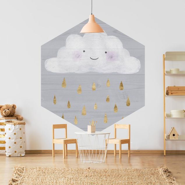 Self-adhesive hexagonal wall mural Cloud With Golden Raindrops