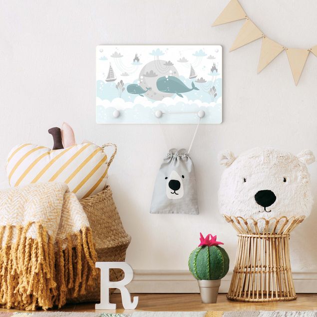 White wall coat rack Clouds With Whale And Castle