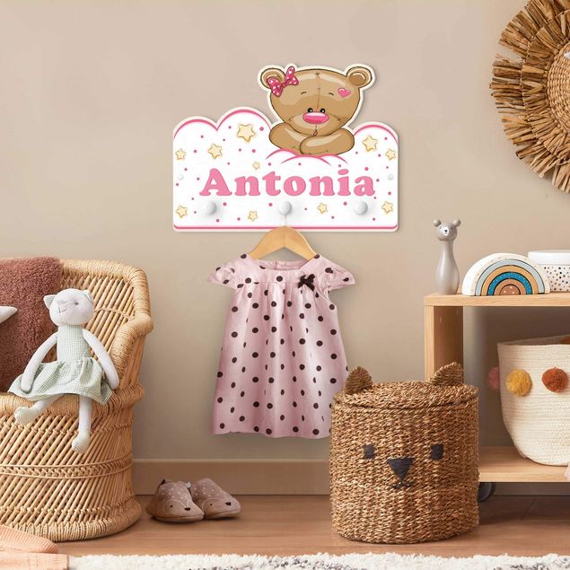 Wall mounted coat rack animals Clouds Teddy Pink With Customised Name