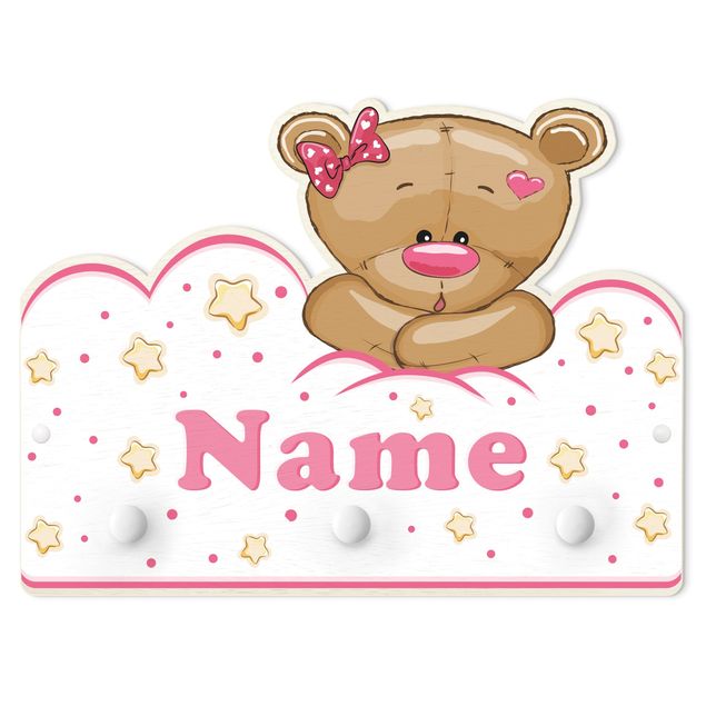 White wall mounted coat rack Clouds Teddy Pink With Customised Name