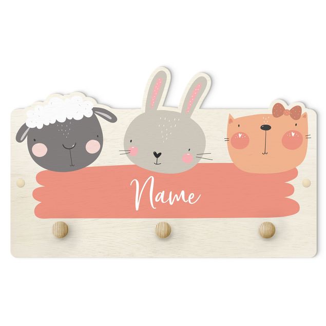 Wall coat rack Customised Name Cute Zoo - Sheep Rabbit And Cat