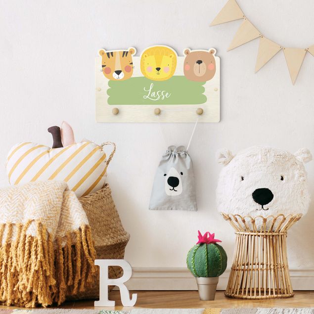 Wall mounted coat rack animals Customised Name Cute Zoo - Tiger Lion And Bear