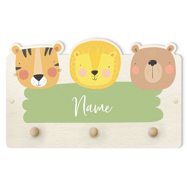 Wall mounted coat rack green Customised Name Cute Zoo - Tiger Lion And Bear
