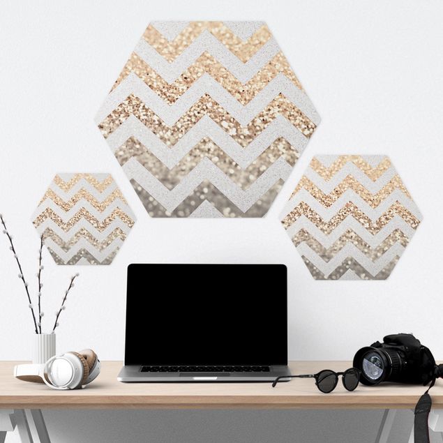 Hexagonal prints Zigzag Lines With Golden Glitter and Silver