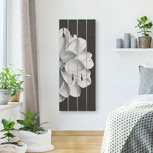 Wooden wall mounted coat rack Delicate Dahlia In Black And White