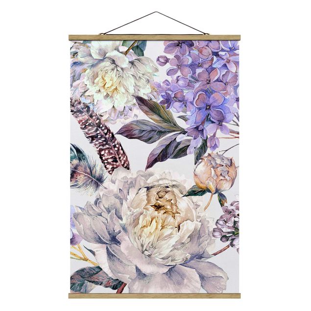 Modern art prints Delicate Watercolour Boho Flowers And Feathers Pattern