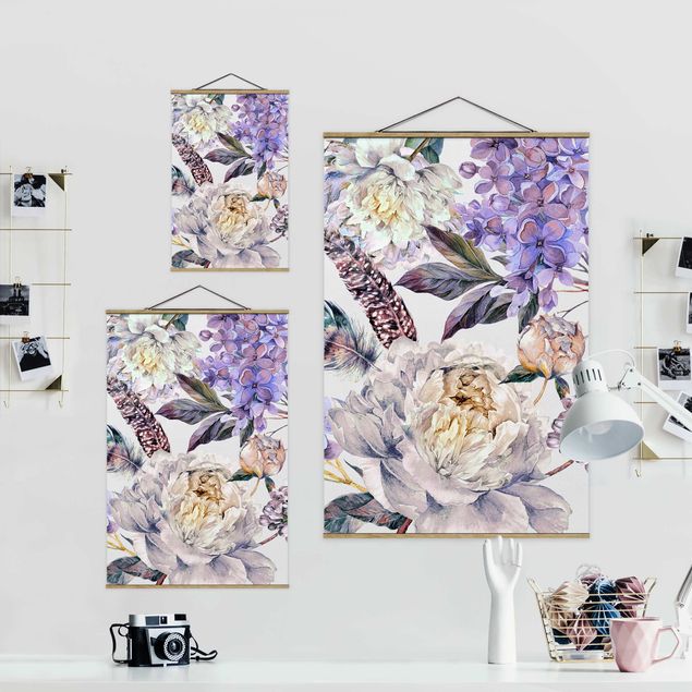 Fabric print with posters hangers Delicate Watercolour Boho Flowers And Feathers Pattern