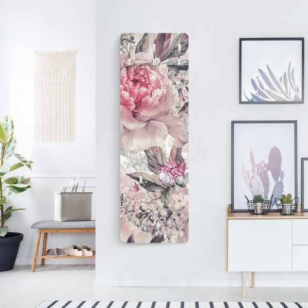 Country coat rack Delicate Watercolour Peony Pattern