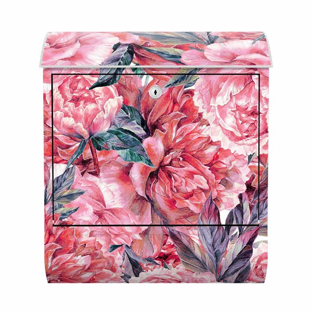 Red wall mounted post box Delicate Watercolour Red Peony Pattern