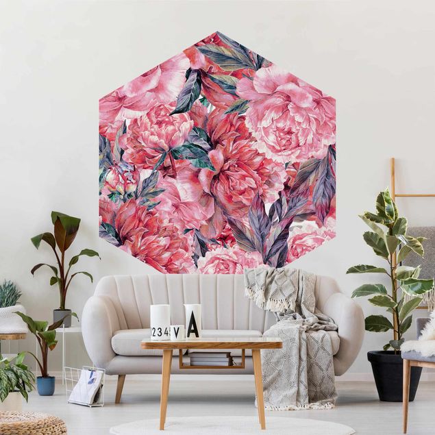 Wallpapers modern Delicate Watercolour Red Peony Pattern