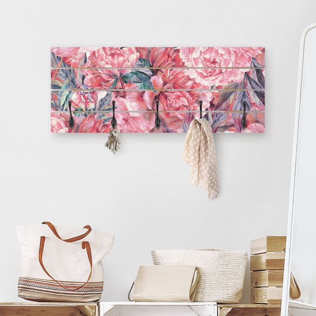 Wall mounted coat rack flower Delicate Watercolour Red Peony Pattern