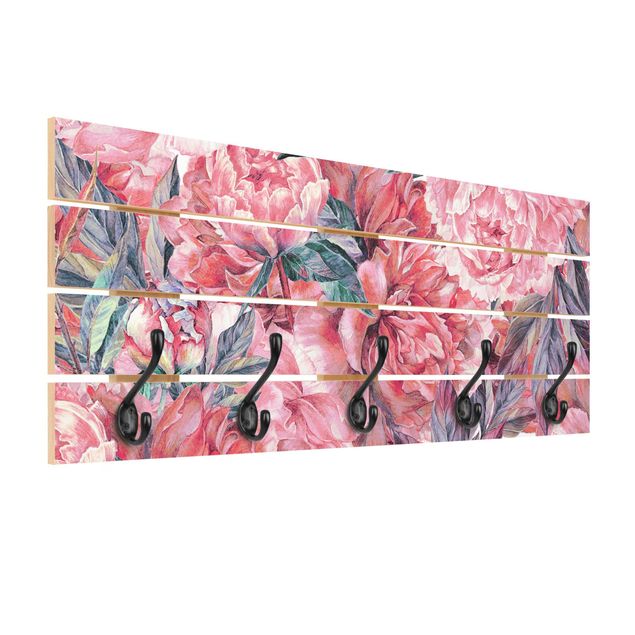 Wall mounted coat rack Delicate Watercolour Red Peony Pattern