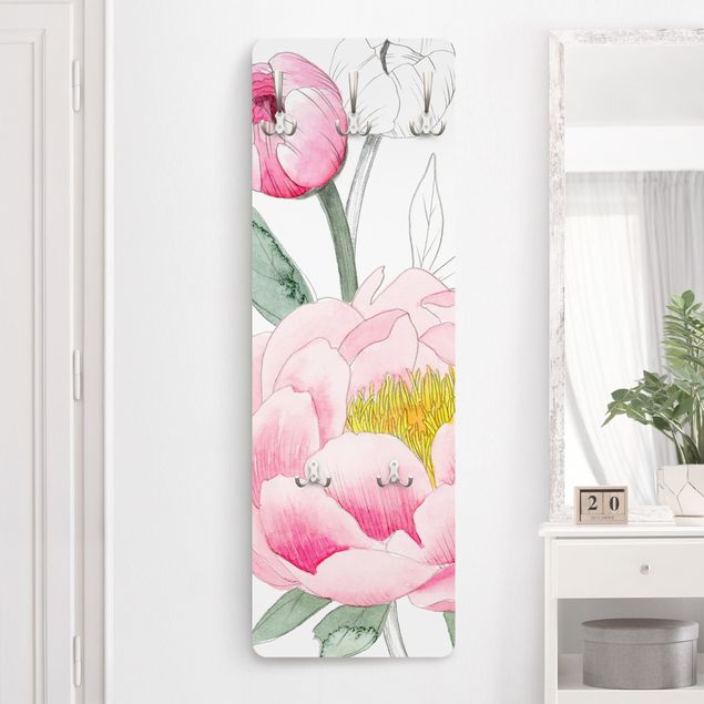 Wall mounted coat rack flower Drawing Light Pink Peonies II