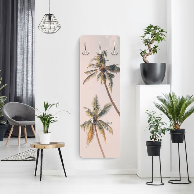 Wall mounted coat rack landscape Two palm trees against a pink sky